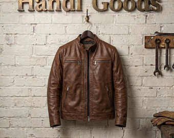 Men's Brown Leather Jacket - Vintage Style Cafe Racer Motorcycle Jacket, Distressed Genuine Leather Biker Jacket for Men