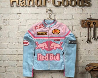Women's Pink Red Bull Racing Jacket | Vintage Cowhide Leather Biker Coat | Y2K Motorsports Motorcycle Outerwear