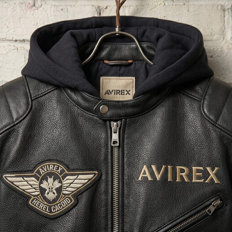 Close up view of zipper and premium stitching on mens handmade black hooded leather biker jacket
