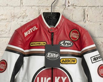 Lucky Racing Strike Leather Biker Jacket - Vintage Lucky Strike Motorcycle Cowhide Streetwear - Men's & Women's Real Leather Riding Gear