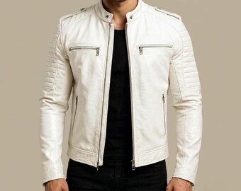 White Leather Biker Jacket, Handmade Lambskin Motorcycle Jacket, Quilted Cafe Racer Moto Coat, Premium White Leather Streetwear