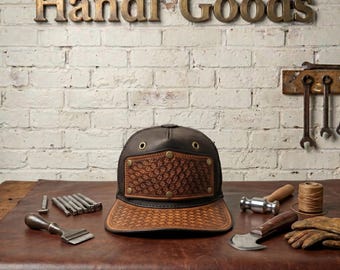 Handmade Leather Full-Cap with Hand-Embossed Patterns - Limited Edition Premium Biker & Streetwear Hat