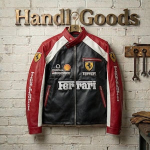Chaqueta de cuero vintage Ferrari F1 Racing - Chaqueta motera roja de los 90 - Estilo urbano motero bordado - Regalo de equipamiento retro de carreras de Gran Premio