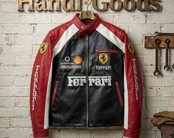 Vintage Ferrari F1 Racing Leather Jacket - 90s Red Motorsport Biker Jacket - Embroidered Moto Streetwear - Retro Grand Prix Racing Gear Gift
