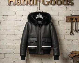 Women's Black Cropped Lambskin Leather Biker Jacket with Removable Fur Hood | Luxury Genuine Shearling Moto Jacket | Handmade Slim Fit