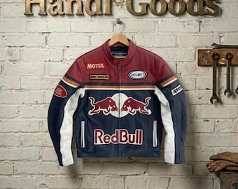 Handmade Red Bull Racing Jacket Leather - Handcrafted Men's Biker Jacket - Vintage Streetwear Aesthetic Racing Coat - Gift for Him