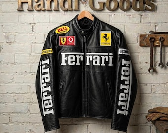 Vintage Ferrari Leather Jacket - Racing Biker Streetwear Coat, Retro Motorsport Embroidered Patch Motorcycle Jacket for Men & Women