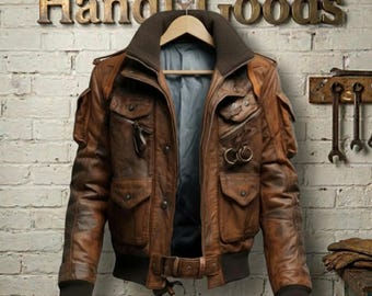 Handmade Men’s Brown Bomber Genuine Leather Jacket - Vintage Stand Collar Flight Coat with Multi Pockets - Distressed Biker Jacket