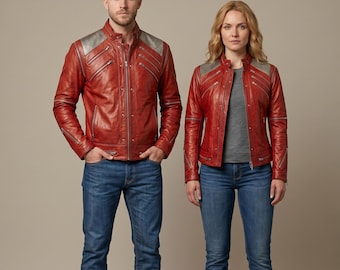 Red Leather Pop Star Jacket – 80s Retro Biker Style, Metallic Shoulder Detail