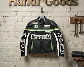 Handmade Kawasaki Racing Black Leather Jacket - Biker Style Motorcycle Gear - Green & White Patchwork Rider Jacket for Men and Women