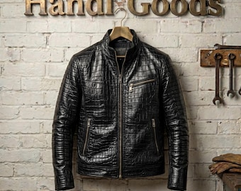 Black Crocodile Leather Jacket Men, Slim Fit Textured Biker Coat, Designer Streetwear Outerwear