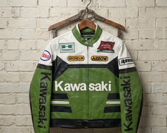 Vintage Kawasaki Racing Jacket, Genuine Cowhide Leather, MotoGP Street Racer Coat
