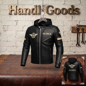Handmade mens black Avirex cafe racer genuine cowhide leather motorcycle biker jacket with patches and hood