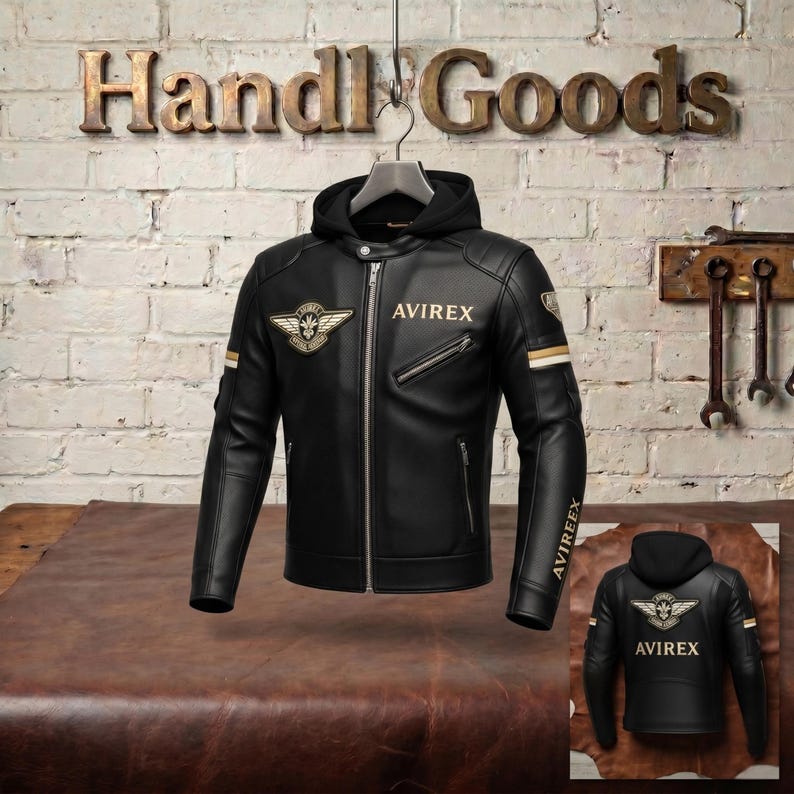 Handmade mens black Avirex cafe racer genuine cowhide leather motorcycle biker jacket with patches and hood