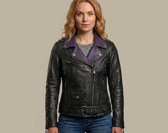 Iris Women's Motorcycle Leather Jacket | Genuine Cowhide Biker Coat with Purple Perforated Collar | Heavy Duty Street Riding Armor