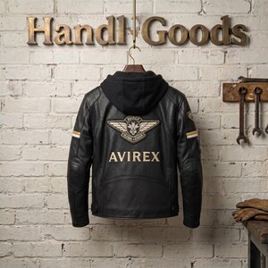 Back embroidery details of premium mens black genuine leather Avirex motorcycle jacket with wings patch