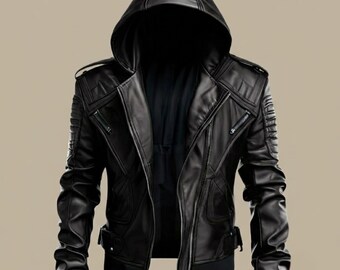 Men’s Black Cowhide Leather Biker Jacket, Removable Hooded Motorcycle Jacket, Genuine Leather Moto Armor Coat