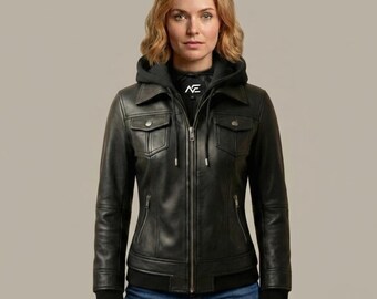 Handmade Black Lambskin Leather Bomber Jacket with Removable Hood for Men,Women