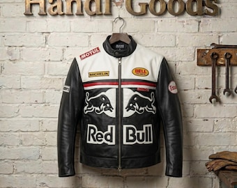 Red Bull Racing Leather Jacket | Handmade Real Cowhide Motorcycle Biker Coat | Unisex Vintage Racing Gear Gear for Men and Women