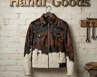 Women’s Genuine Cowhide Leather Jacket, Real Hair-On Pony Skin Brown & White Western Coat, Luxury Natural Fur Outerwear