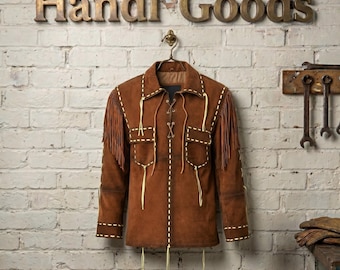 Men’s Native American Cowboy Buckskin Leather Jacket with Fringes - Brown Suede Western Cowboy Shirt - Traditional Fringed Suede Jacket