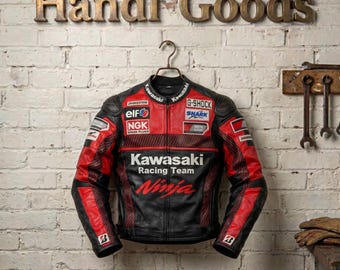 Kawasaki Racing Team Leather Jacket, Red Black Ninja Biker Rider Gear, Motorbike Racing Armor Uniform, Streetwear Leather Coat