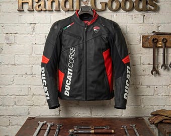 Ducati Corse Men's Leather Motorcycle Jacket, Genuine Black and Red Cowhide Biker Gear with Removable CE Armored Protection