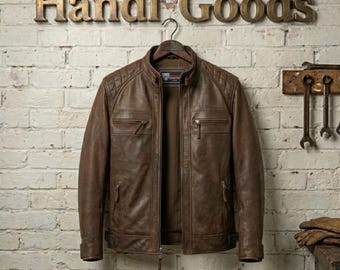 Men's Cafe Racer Waxed Lambskin Chocolate Brown Motorcycle Leather Jacket - Slim Fit Distressed Vintage Biker Coat