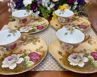 Vintage Lefton “Heritage Brown” Snack Set, Hand-Painted Porcelain with Gold Trim (Set of 4)