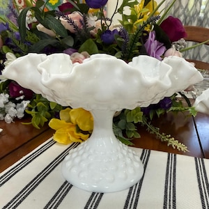 Vintage Fenton Hobnail Milk Glass Pedestal Compote featuring a ruffled, crimped edge