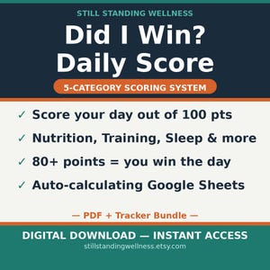 Może przedstawiać: Grafika do pobrania cyfrowego z tekstem "Did I Win? Daily Score" i "5-CATEGORY SCORING SYSTEM". Obraz zawiera punktor do oceny dnia, odżywiania, treningu, snu i innych. Wskazuje również, że 80+ punktów oznacza wygraną dnia.