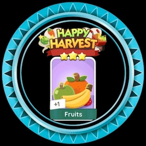 May include: A circular digital badge with a light blue serrated border featuring the text Happy Harvest at the top. Below, a rectangular card displays a collection of illustrated fruits including a banana, orange, and apple with a +1 label.
