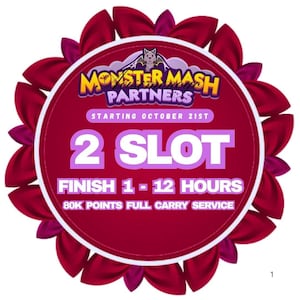 May include: A circular graphic with a dark red center and a ruffled magenta border. Text reads: MONSTER MASH PARTNERS, STARTING OCTOBER 21ST, 2 SLOT, FINISH 1 - 12 HOURS, 80K POINTS FULL CARRY SERVICE. A small bat illustration is at the top.