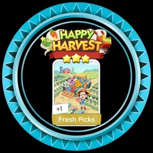 Puede incluir: Una insignia circular con un borde azul dentado que presenta el texto Happy Harvest en la parte superior. Debajo, una tarjeta rectangular muestra una escena de dibujos animados con una persona en un campo, un camión lleno de flores, tres estrellas y +1 Fresh Picks.