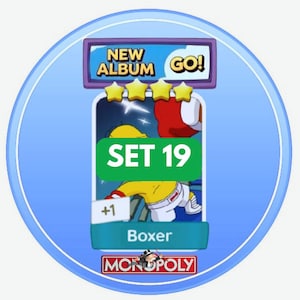 Könnte beinhalten: Eine digitale Spielkarte mit einer gelben Zeichentrickfigur in Boxausrüstung, beschriftet mit Boxer, Set 19 und New Album Go. Die Karte zeigt vier gelbe Sterne, eine Plus-eins-Anzeige und das Monopoly-Logo unten auf einem blauen Hintergrund.