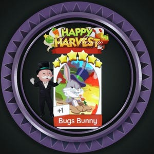 May include: A digital game card featuring a cartoon rabbit wearing a top hat and eating a carrot, labeled Bugs Bunny with a plus one indicator. The card has five yellow stars, a Happy Harvest header, and a Monopoly mascot figure in a black suit.