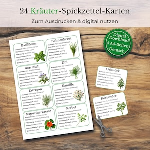 May include: A digital download of 24 herb reference cards in German. The cards feature illustrations of various herbs with their growing information. The cards are on a wooden surface with a pair of scissors.
