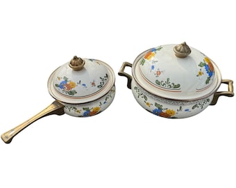 Vintage Floral Enamelware Pot & Saucepan Set with Brass Handles Cottagecore