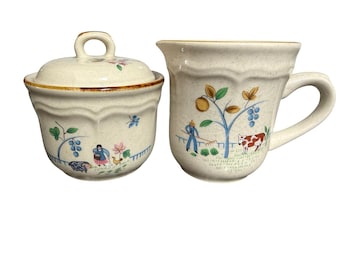 Vintage International Sugar Bowl and Creamer Set Country Farm Scene Folk Art