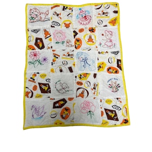 Vintage Disney Baby Quilt Handmade Embroidered Mickey Minnie Pluto Yellow 44x33