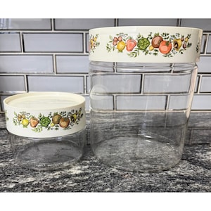 Vintage Pyrex Natures Bounty Glass Canister Set 2pc Vegetable Fruit Pattern USA