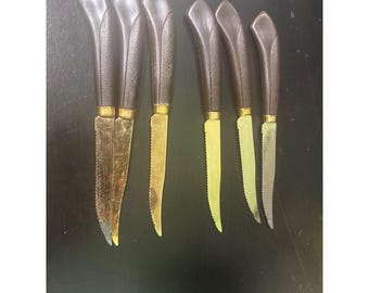 Vintage Quikut Steak Knife Set 6 Piece Gold Tone Stainless Steel Brown MCM USA