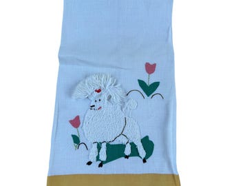 Strofinaccio da cucina vintage in ciniglia con motivo barboncino, bianco, con tulipani rosa, stile kitsch di metà secolo.