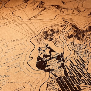 May include: A detailed map of the world from "Avatar: The Last Airbender" in sepia tones. The map features intricate illustrations of locations, including "The Lion Turtle" and "Sokka & Suki's Makeout Beach". Text includes "Mesa Where Aang Took Ozai's Bending".