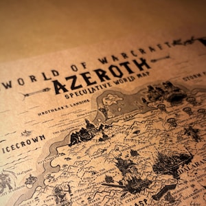 May include: A detailed map of Azeroth from World of Warcraft, printed on aged paper. The map features intricate illustrations of various locations, including Icecrown, Wintergrasp, and Dalaran, with the title "World of Warcraft Azeroth Speculative World Map" at the top.