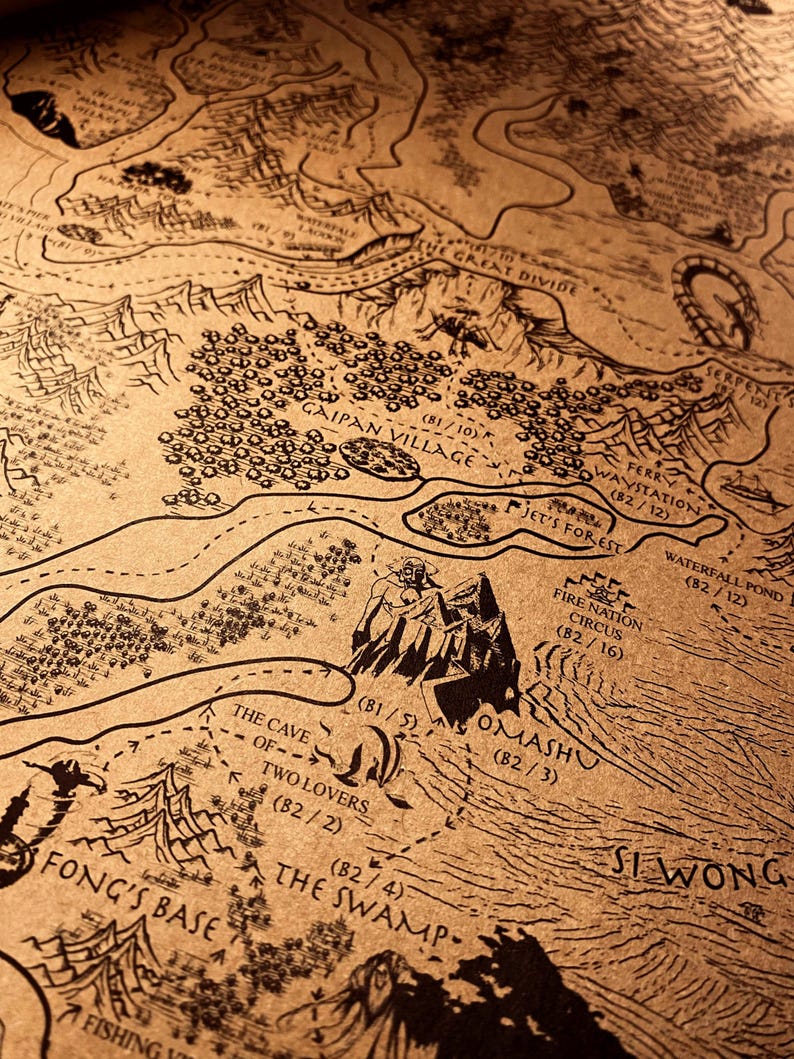 May include: A detailed map in a vintage style, with black line art on a tan background. It features locations such as "Gaipan Village" and "Omashu." The map depicts mountains, forests, and waterways, creating a sense of adventure.
