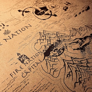 May include: A detailed map with black ink illustrations on a tan background. The map features the text "FIRE NATION CAPITAL" and "HARBOR CITY". The map also includes illustrations of mountains, islands, and other geographical features. The map is a fantasy-themed design.