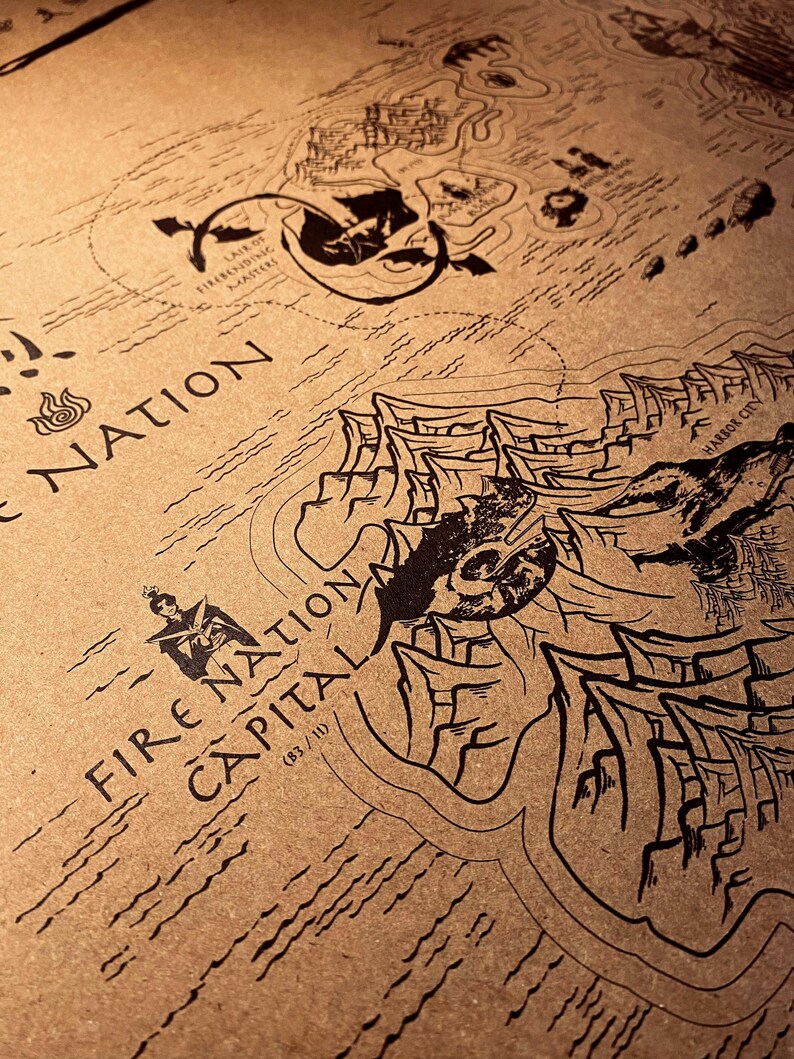 May include: A detailed map with black ink illustrations on a tan background. The map features the text "FIRE NATION CAPITAL" and "HARBOR CITY". The map also includes illustrations of mountains, islands, and other geographical features. The map is a fantasy-themed design.