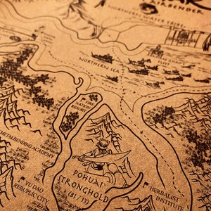 May include: A detailed map from Avatar: The Last Airbender, with black line art on a tan background. The map shows locations such as the Northern Sea, Fire Nation Resort, and Pohuai Stronghold. The text is in English.