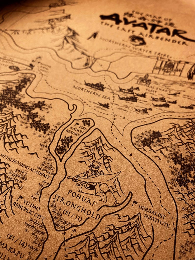 May include: A detailed map from Avatar: The Last Airbender, with black line art on a tan background. The map shows locations such as the Northern Sea, Fire Nation Resort, and Pohuai Stronghold. The text is in English.